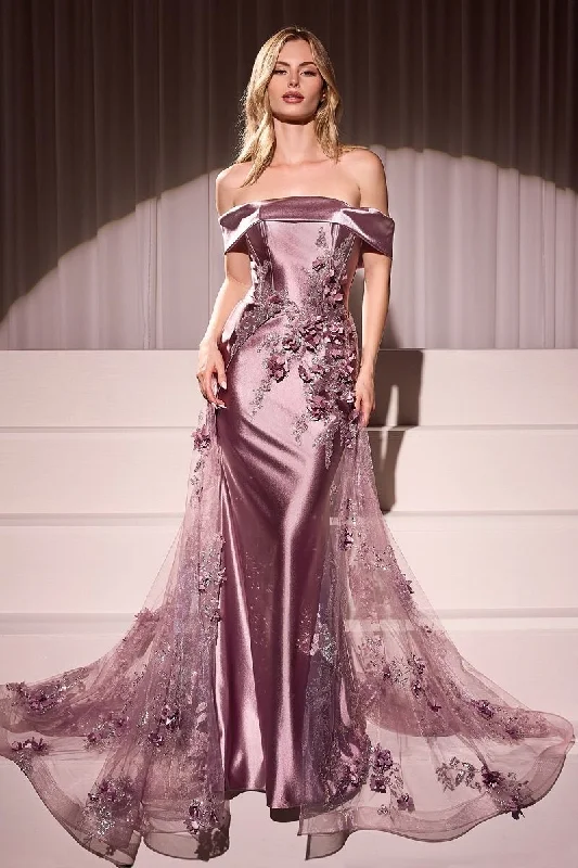 Cinderella Divine -J876 Embellished Satin Fitted Gown With Tulle Overskirt lace skirt intricate