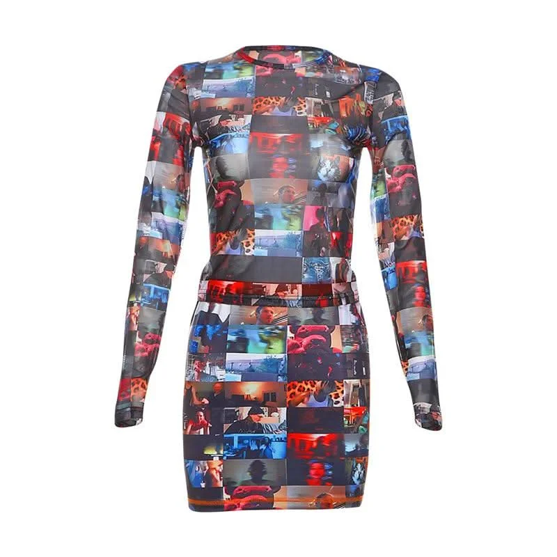 Crewneck long sleeve print stitch mini skirt set silk skirt lustrous