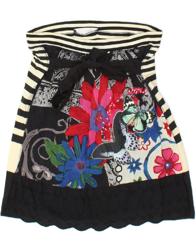 DESIGUAL Womens A-Line Skirt  Small W27  Black Floral tiered skirt playful