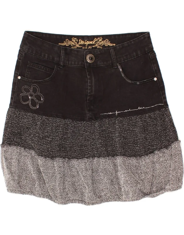 DESIGUAL Womens Denim Skirt EU 38 Medium W30  Black Colourblock Cotton relaxed fit skirt