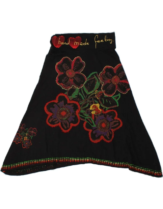 DESIGUAL Womens Graphic Asymmetrical Skirt Small W26 Black Floral Cotton silk skirt elegant