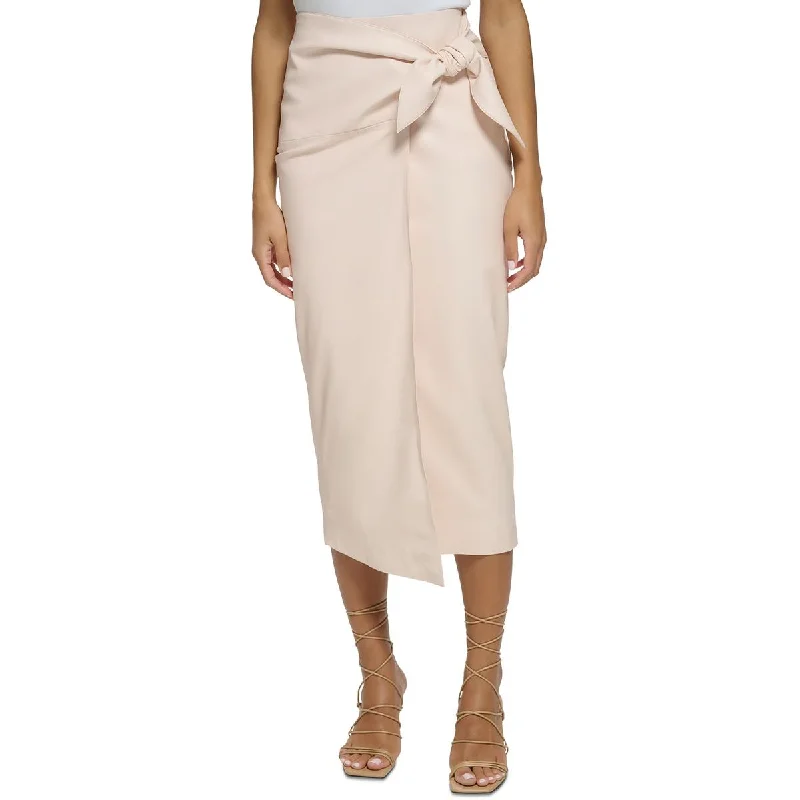 Donna Karan Womens Vegan Leather Bow Midi Skirt linen skirt breathable