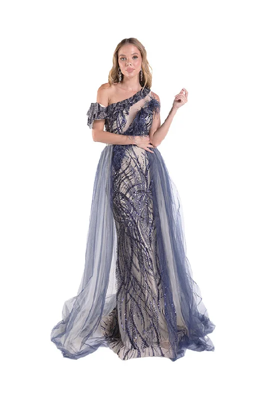 Feather One Shoulder Overskirt Gown by Lucci Lu C8058 spandex blend skirt