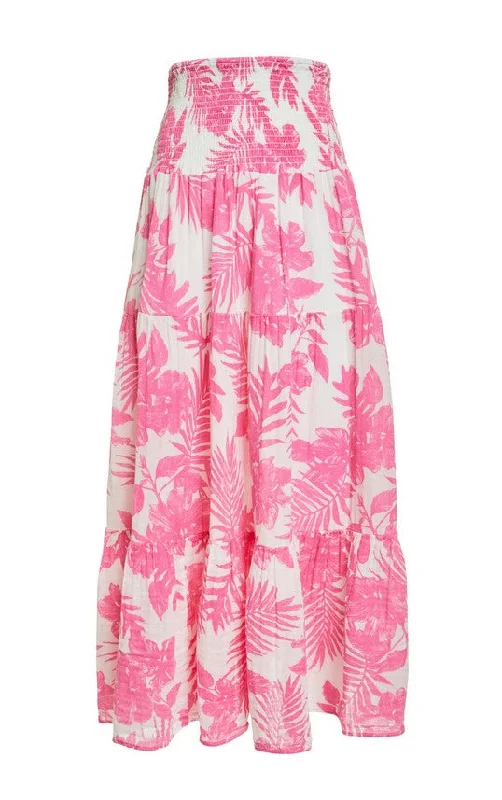Felicite Smocked Maxi Skirt - Pink Palm satin skirt smooth