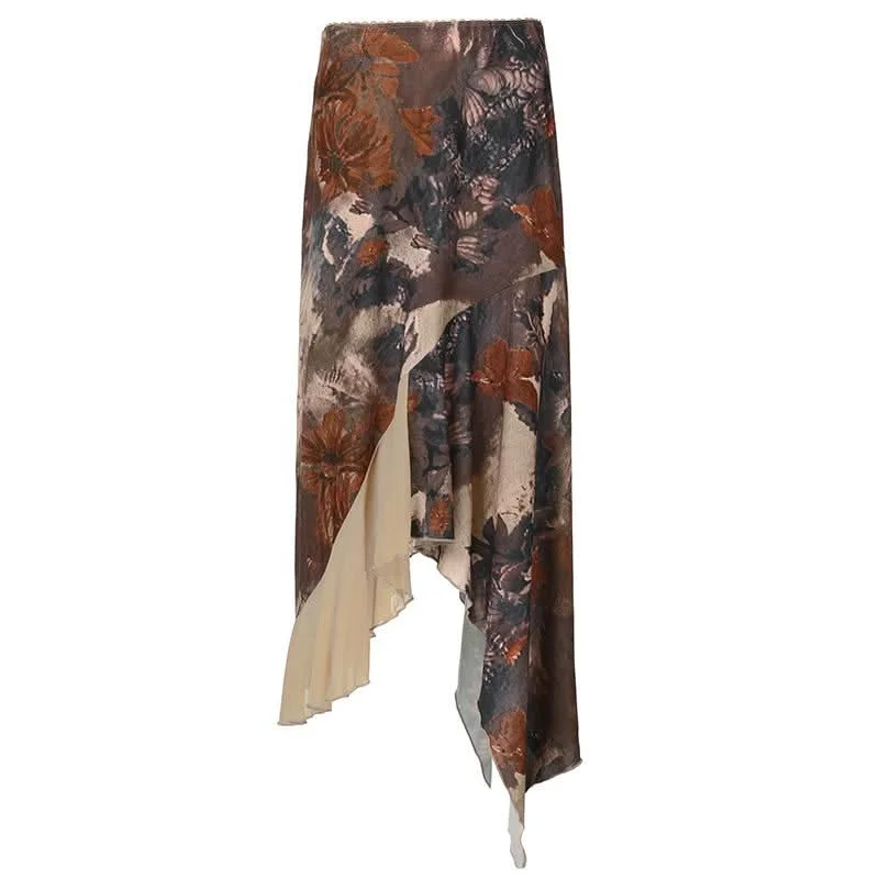 Flower print mesh patchwork ruffle maxi skirt velvet skirt sumptuous