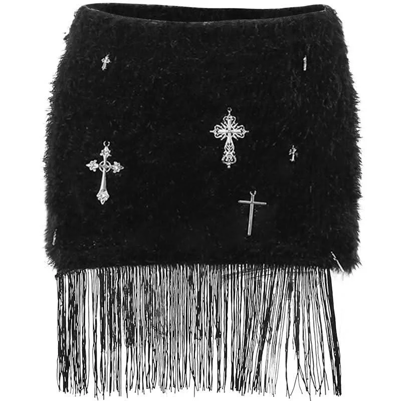 Fluffy cross pendant tassels mini skirt belted skirt waist