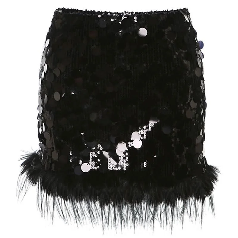 Glitter fluffy A line mini skirt zip skirt side