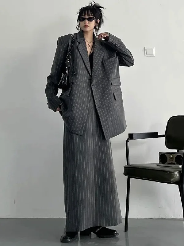 Gray Maxi Skirt Striped Oversized Women's Blazer Two Pieces Suit chiffon skirt delicate