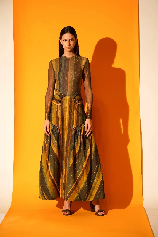 Green Stripe Print High Waisted Detailed Skirt leather skirt bold