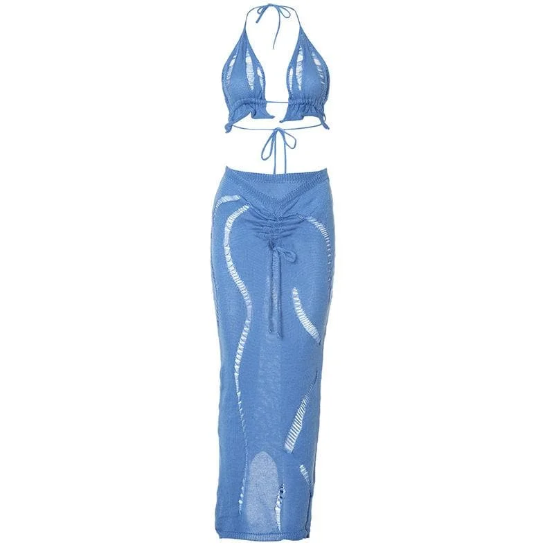Halter knitted drawstring self tie slit maxi skirt set silk skirt lustrous