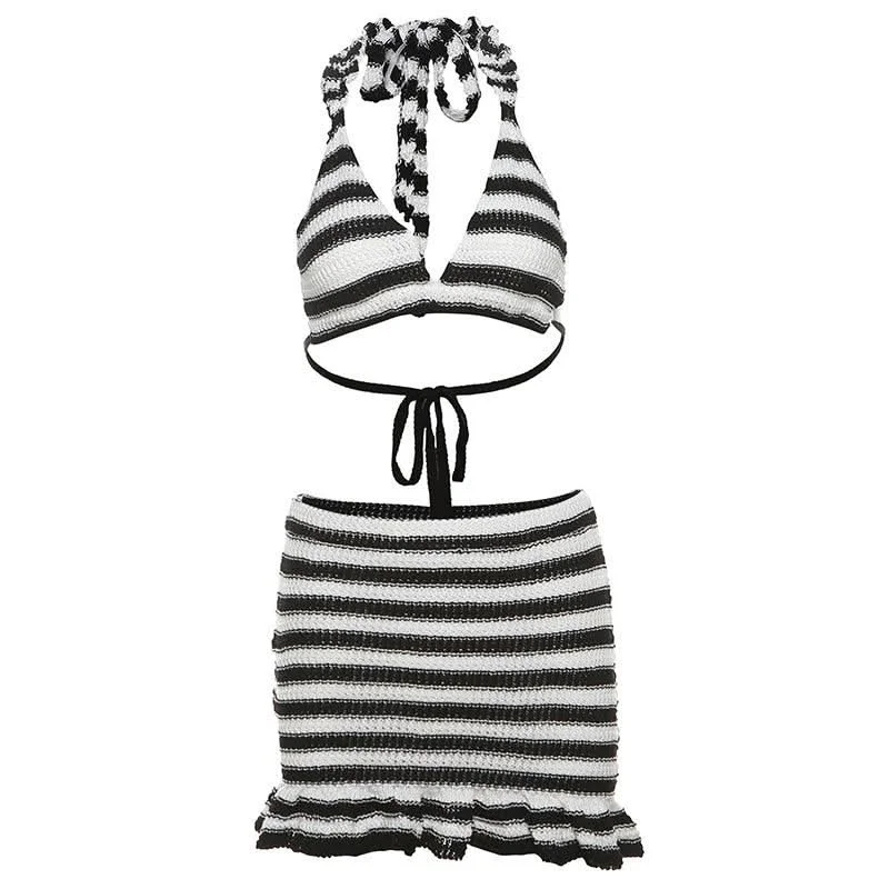 Halter v neck striped knitted ruffle mini skirt set lace skirt elegant