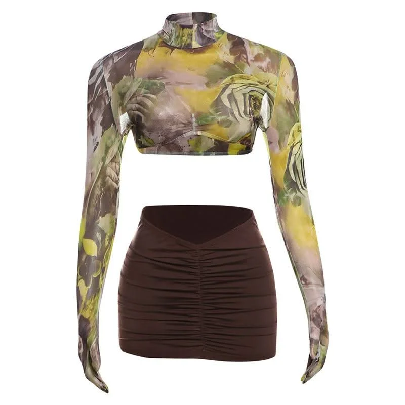 High neck long sleeve flower print crop mini skirt set cashmere skirt rich