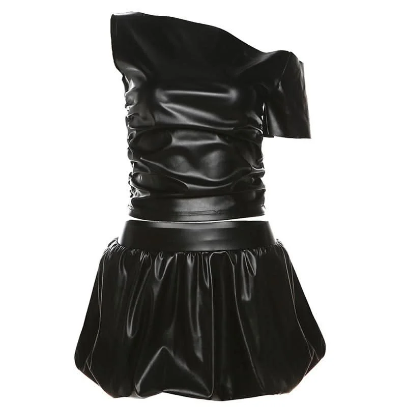 Irregular one shoulder PU leather ruched mini skirt set denim skirt trendy