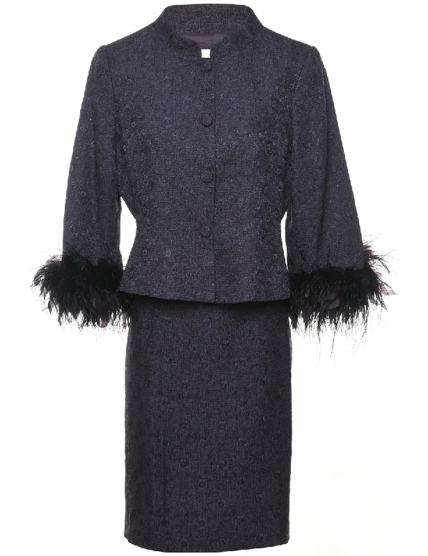 Jacquard Purple Feather Trim Jacket & Skirt Set - L summer skirt style