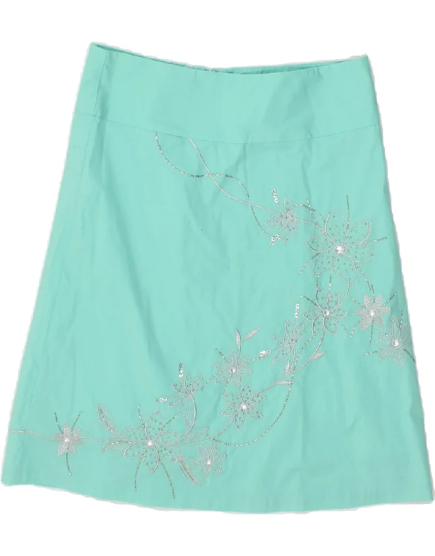 JANE NORMAN Womens A-Line Skirt UK 10 Small W27  Turquoise Floral Cotton silk skirt sleek