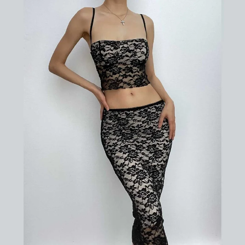 Lace contrast button backless square neck cami midi skirt set ribbed skirt waist