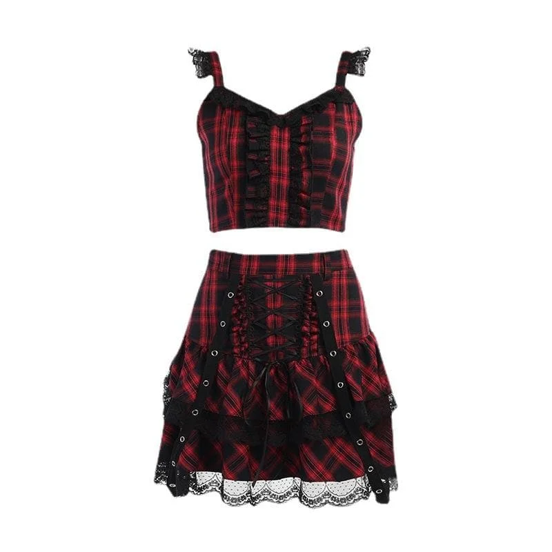 Lace hem ruffle lace up plaid smocked backless mini skirt set corduroy skirt cozy