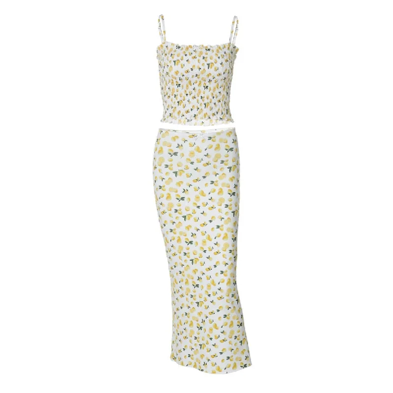 Lemon print smocked cami midi skirt set satin skirt smooth