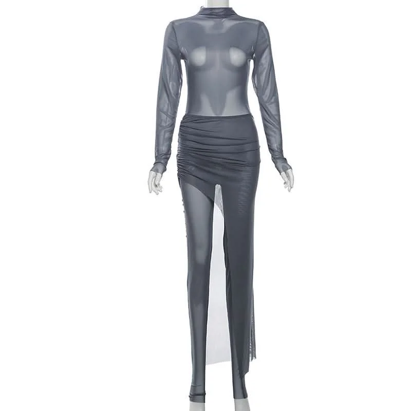 Long sleeve high neck slit mesh jumpsuit maxi skirt set lace skirt feminine