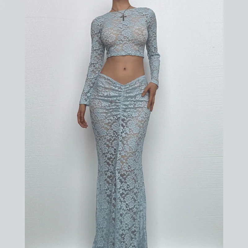 Long sleeve lace see through crop maxi skirt set denim skirt classic