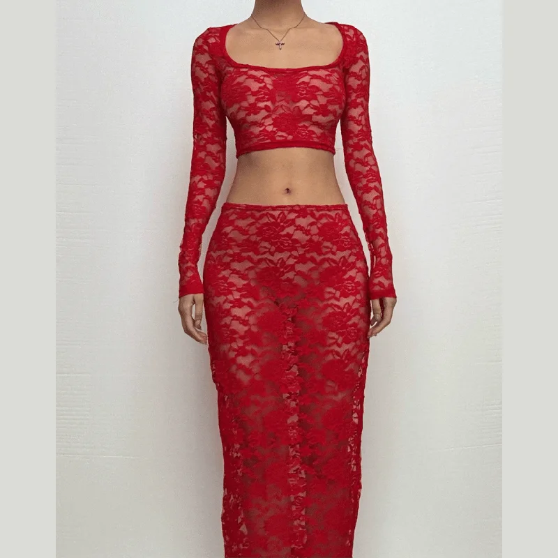Long sleeve lace see through solid midi skirt set silk skirt smooth