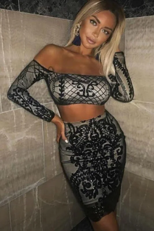 Lust Luxe Black Sequin Brocade Two Piece Skirt Top Co Ord Set denim skirt casual