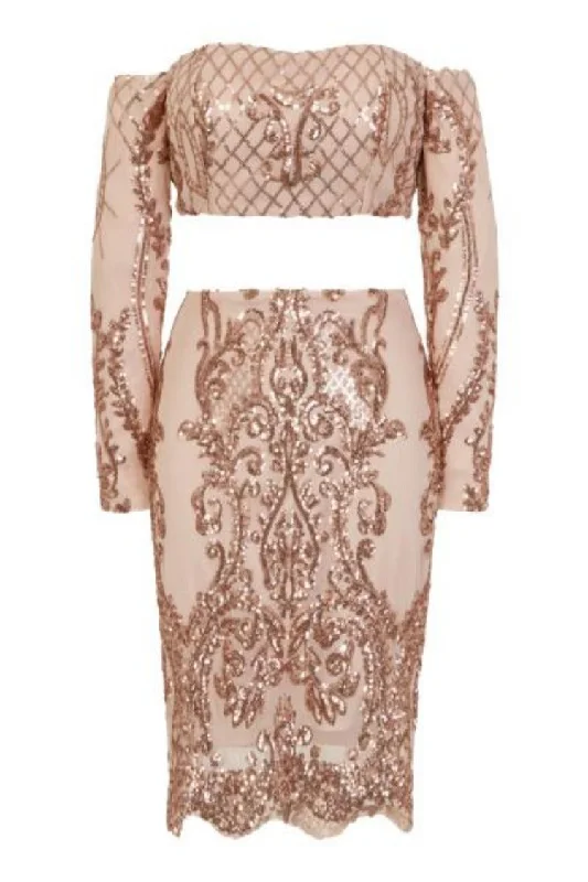 Lust Luxe Rose Gold Sequin Brocade Two Piece Skirt Top Co Ord Set linen skirt natural