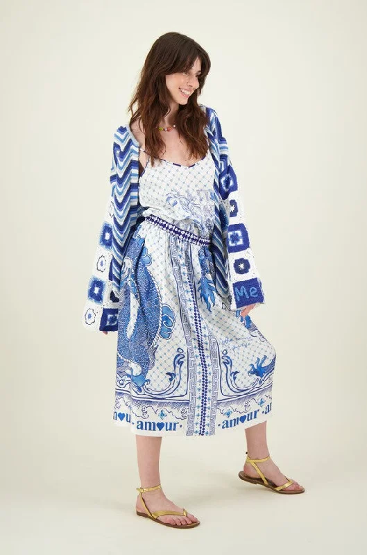 Me369 Vanessa Skirt - Blue/White belted skirt waist