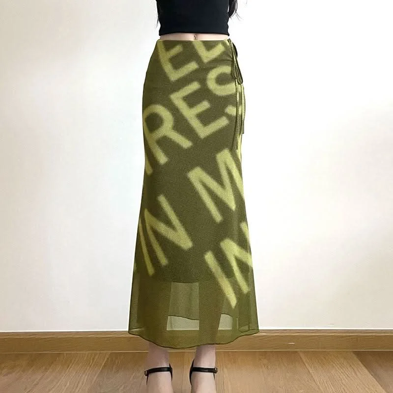Mesh letter print hollow out self tie cut out maxi skirt denim skirt classic