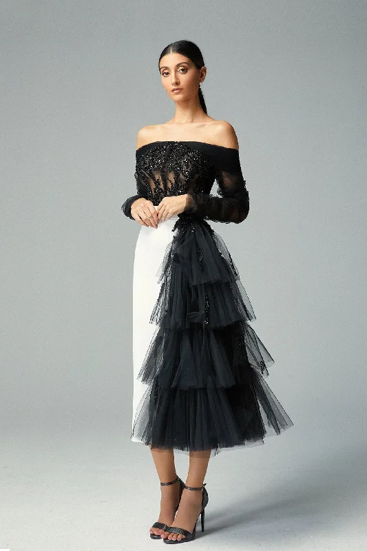 Off shoulder beaded top with side ruffle skirt cashmere skirt rich