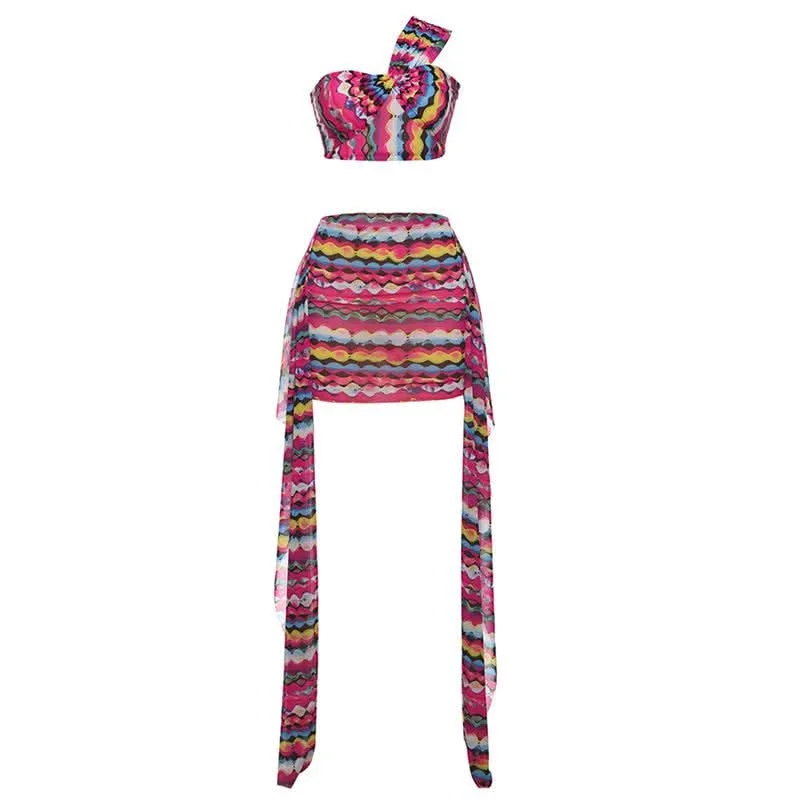 One shoulder irregular mesh print mini skirt set ribbed skirt waist