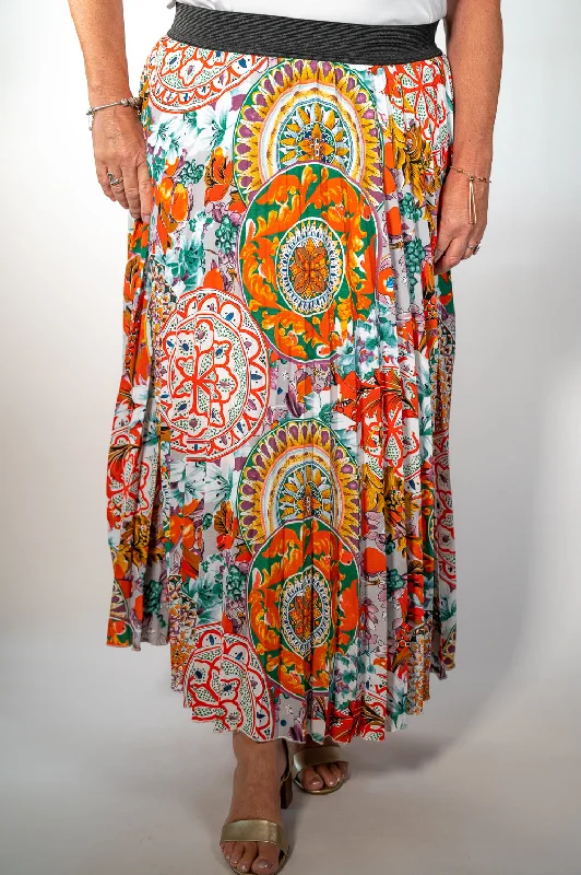 Orange Floral Print Pleated Midi Skirt - Malissa J denim skirt trendy