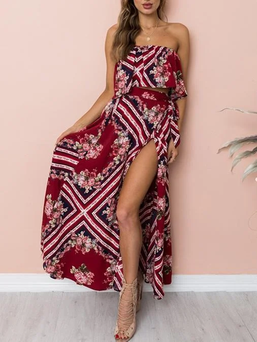 Printed Off Shoulder Tops High Waist Side Split Maxi Skirt Two Pieces Set silk skirt smooth