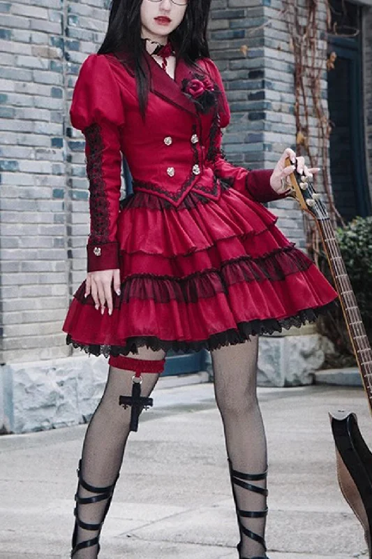 Red Gothic Punk Long Sleeves Removable Corsage Lolita Skirt Set vintage skirt charm
