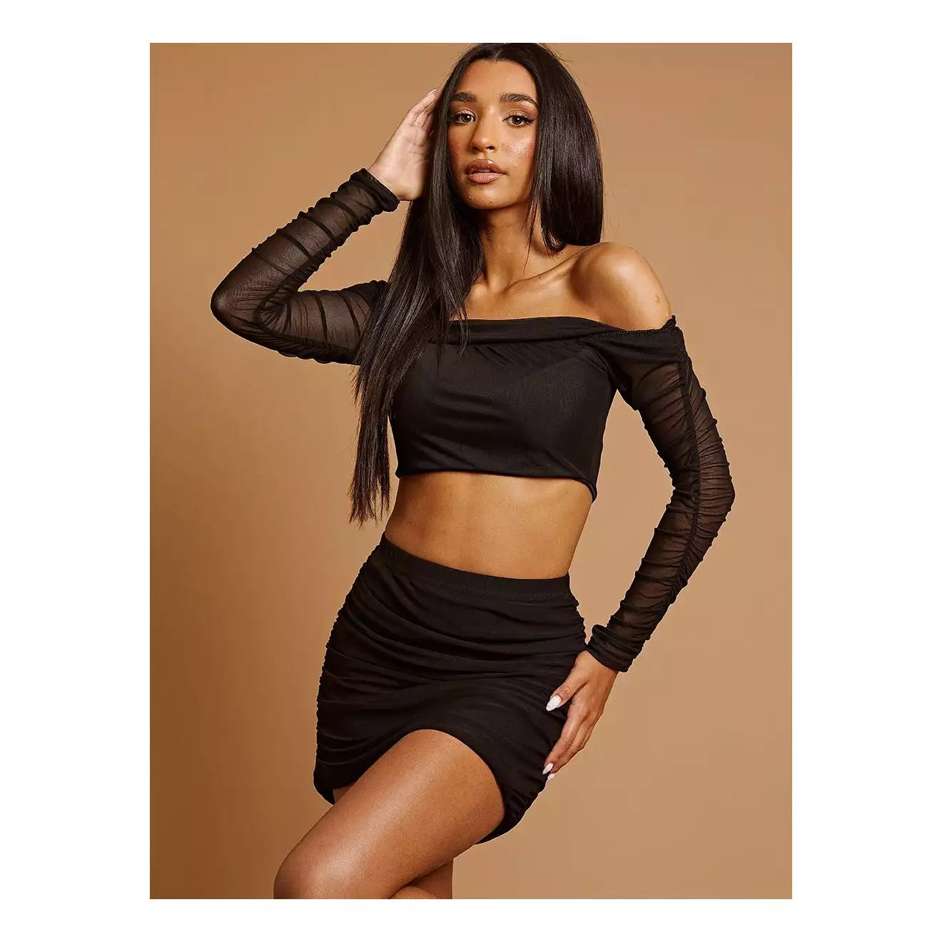 Ruched Mesh Bardot Black Crop Top & Skirt Co-ord 0601 wool skirt sturdy