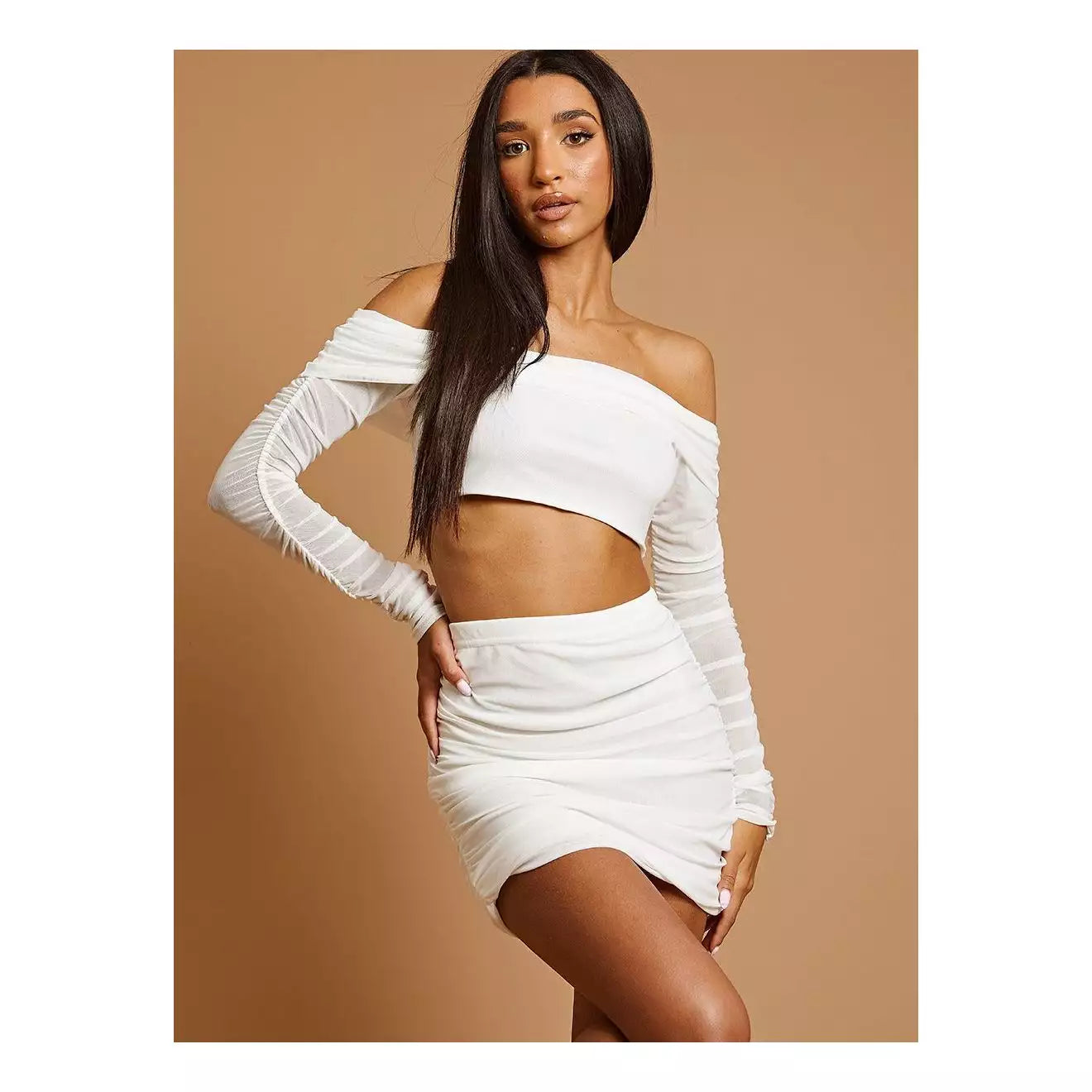 Ruched Mesh Bardot Cream Crop Top & Skirt Co-ord 0601 cashmere skirt fine