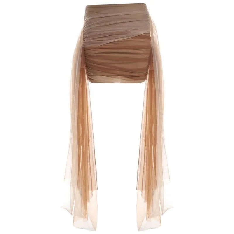 Ruched mesh contrast mini skirt leather skirt bold