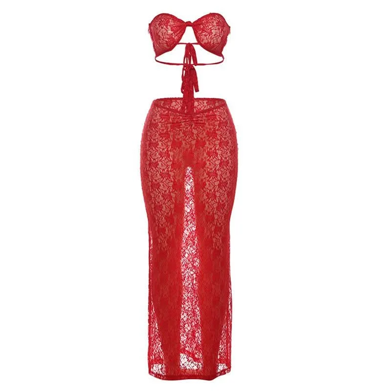 Self tie lace ruched knotted see through maxi skirt set silk skirt lustrous