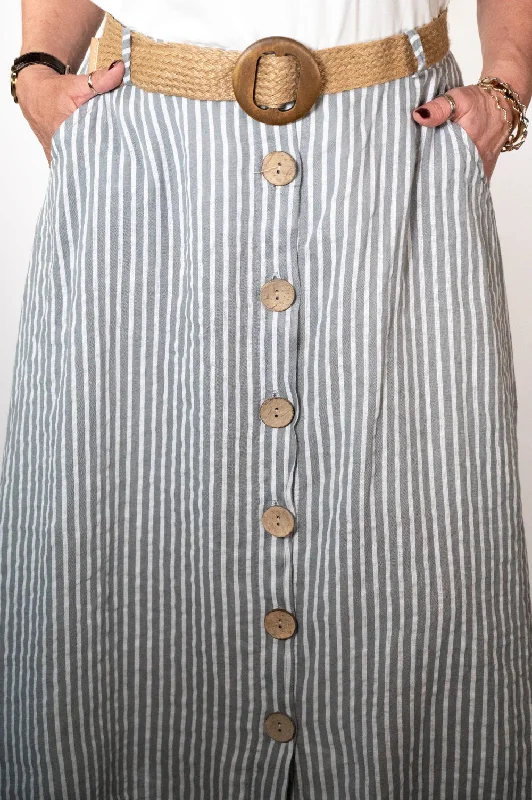 Silver Stripe Belted Midi Skirt tiered skirt playful