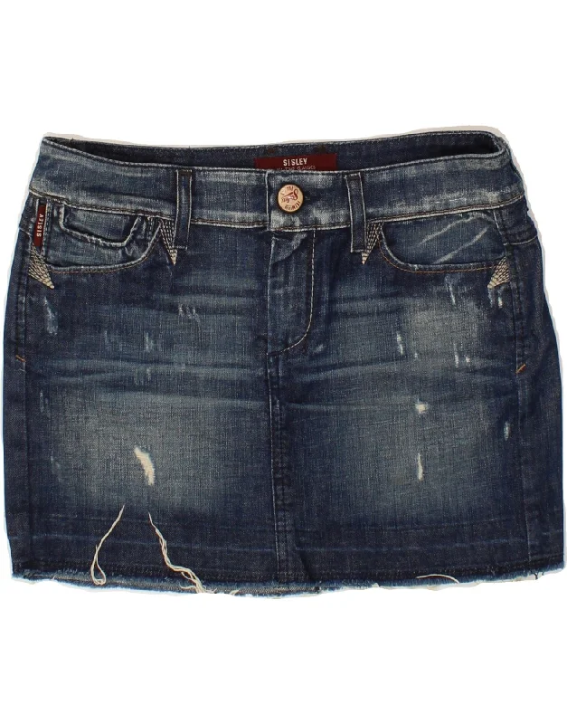 SISLEY Womens Distressed Denim Skirt W26 Small  Blue Cotton wrap skirt elegant