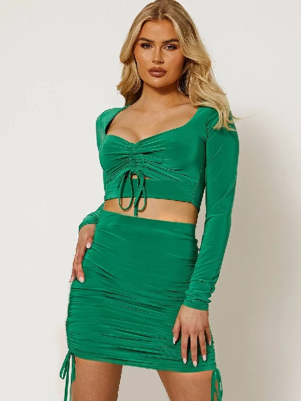 Slinky Cut Out Ruched Green Crop Top & Skirt Co-ord 0602 corduroy skirt comfortable