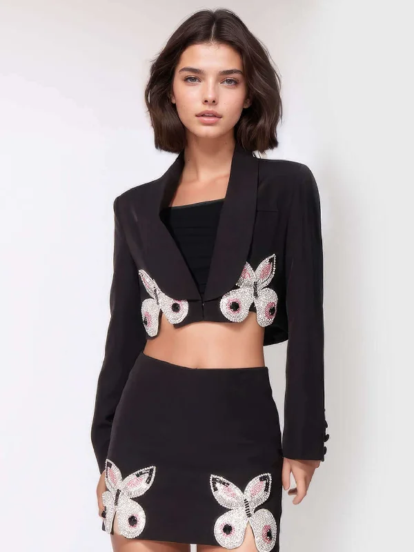 Two Peice Set Butterfly Short Jacket & Mini Skirt casual skirt length