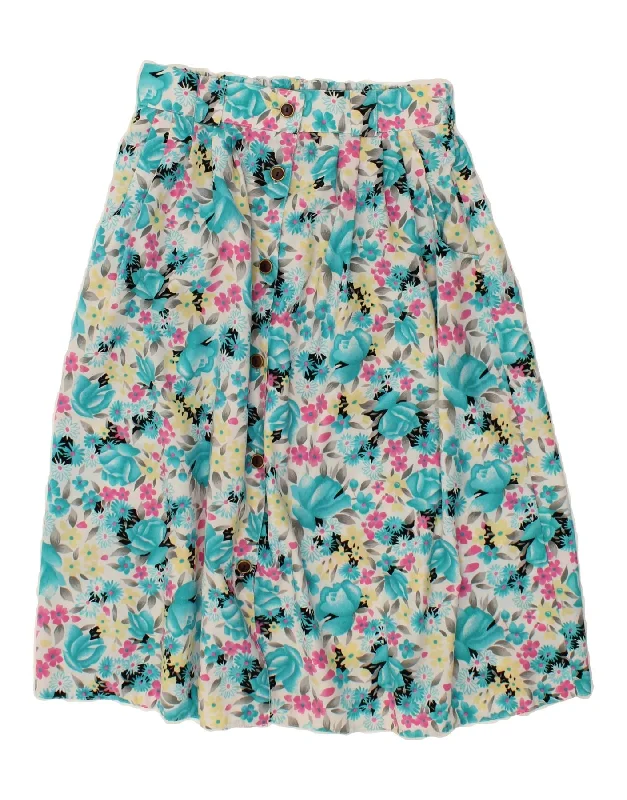 VINTAGE Womens A-Line Skirt IT 44 Medium W30 Blue Floral Polyester silk skirt sleek
