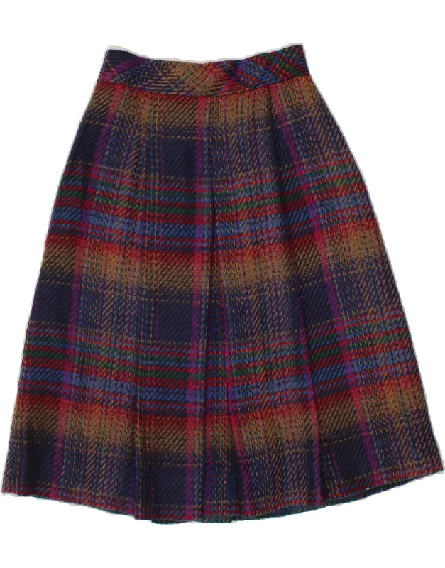 VINTAGE Womens A-Line Skirt US 4 Small W26  Navy Blue Check flowy skirt hem