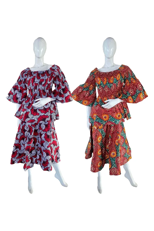 African Midi Skirt and Smoked Peplum Blouse (Pack of 2 Pieces) chiffon skirt flowing