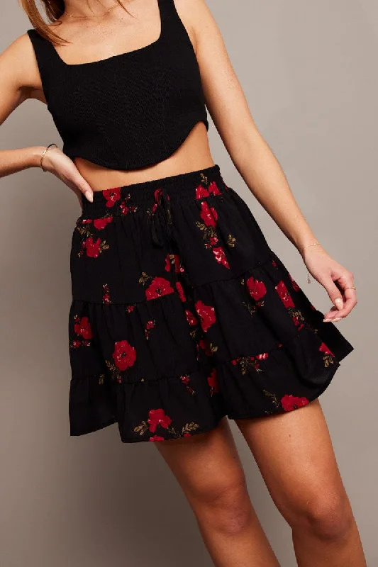 Black Floral Skater Skirt Mini cashmere skirt rich