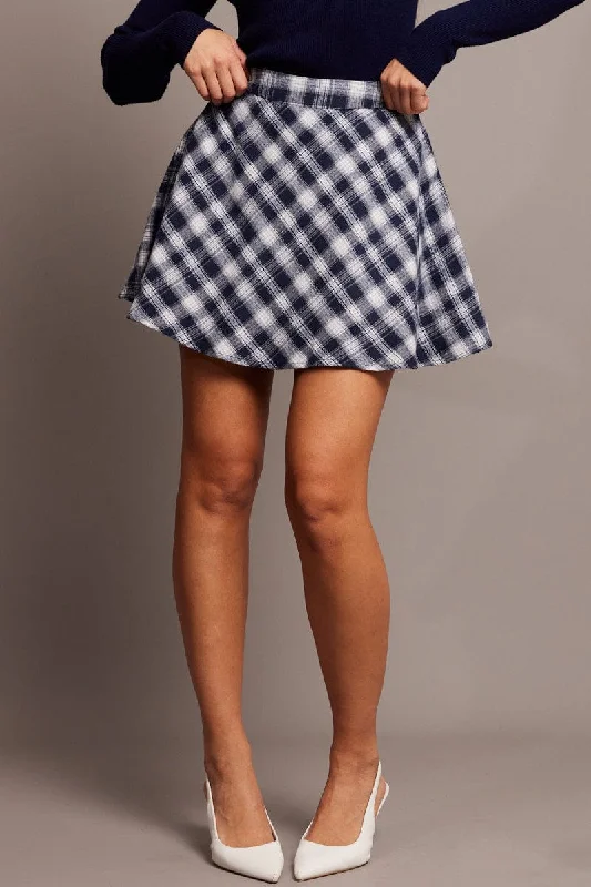 Blue Check Skater Skirt Mini high slit skirt