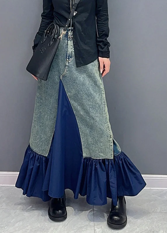 Chic Blue High Waist Pockets Patchwork Denim Skirts velvet skirt glossy