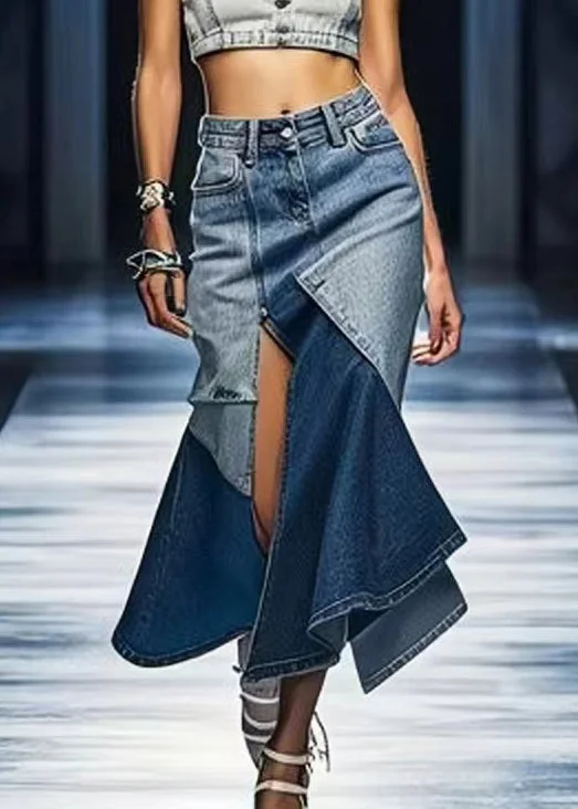 Chic Blue Side Open Patchwork Denim Skirt Summer mini skirt trendy