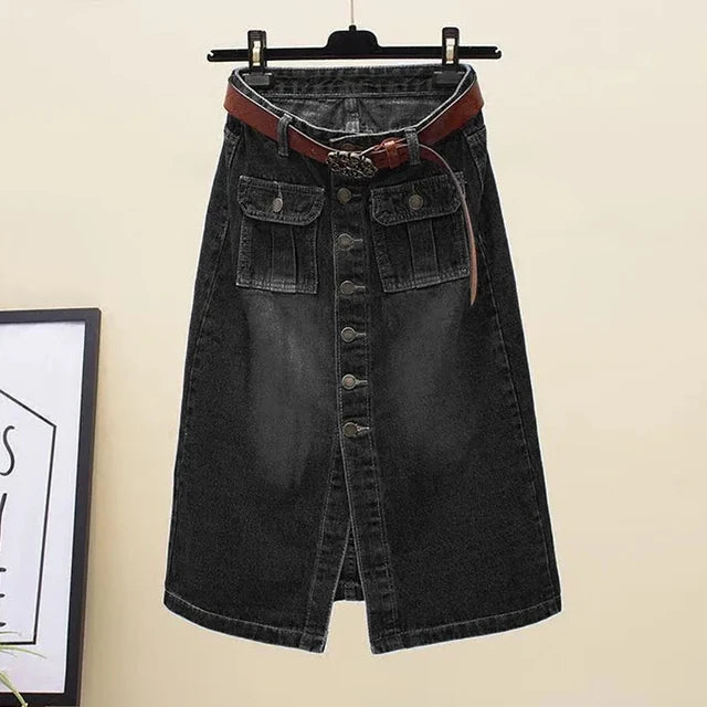 Cotton Denim High Waist With Belt A-Line Women Skirt wool skirt breathable